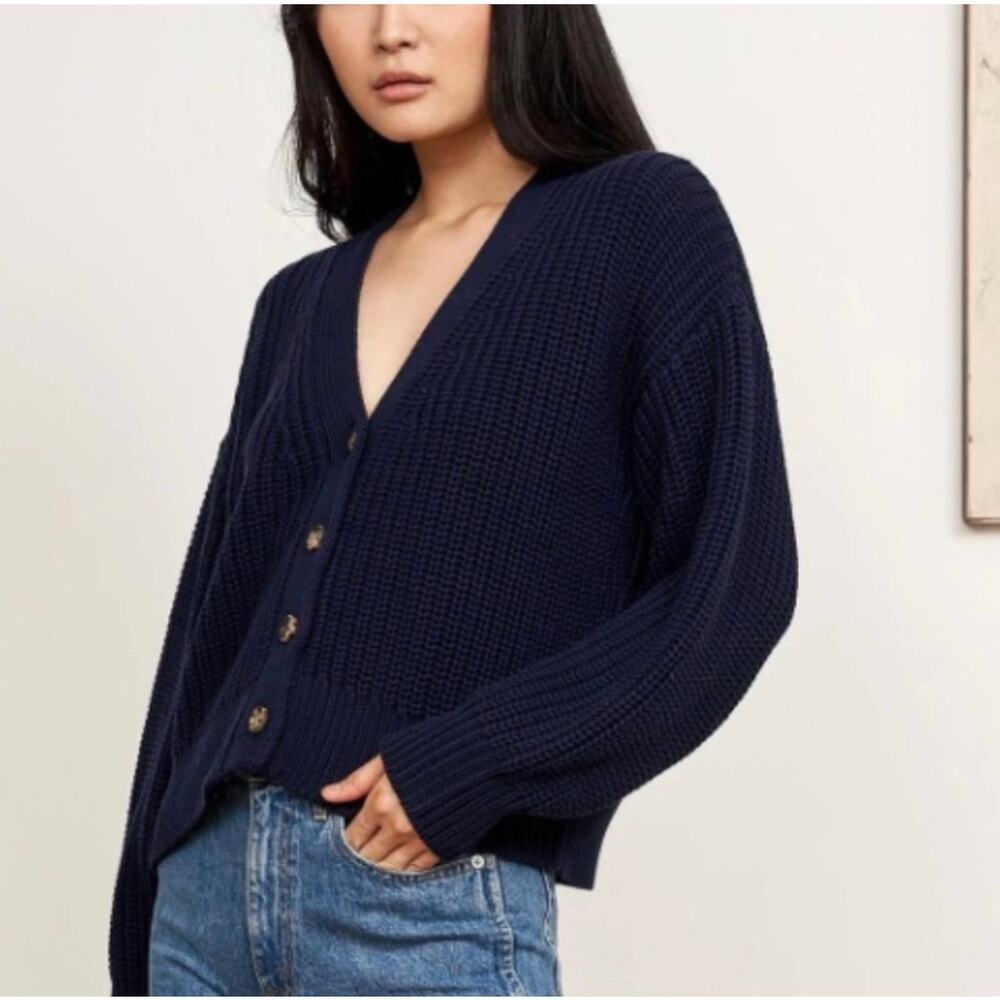 La Ligne Picnic Cardigan Sweater Chunky Cotton Navy Blue Size XS